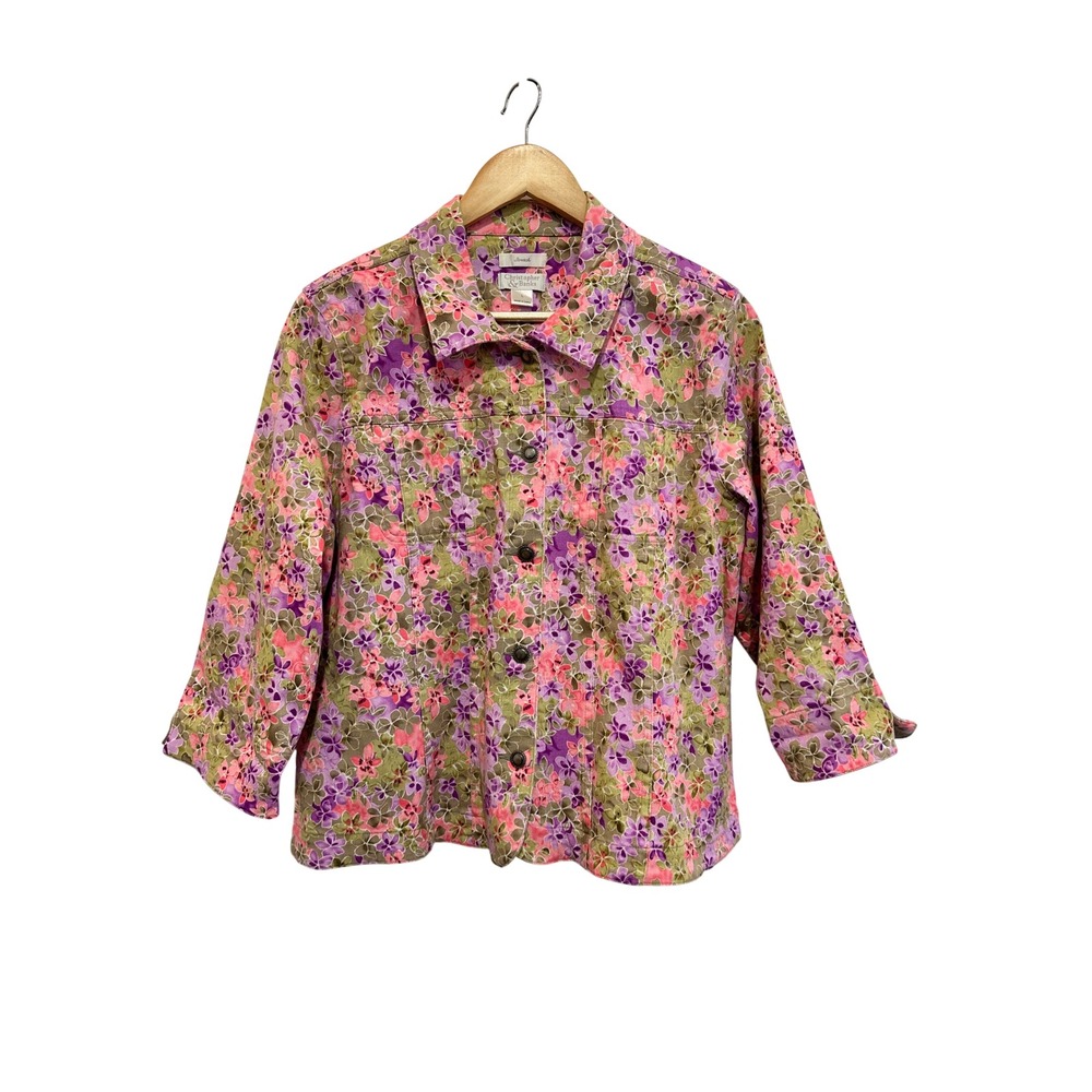 Christopher & Banks Floral Denim Jacket Large Pink Purple Stretch Cotton 2000s